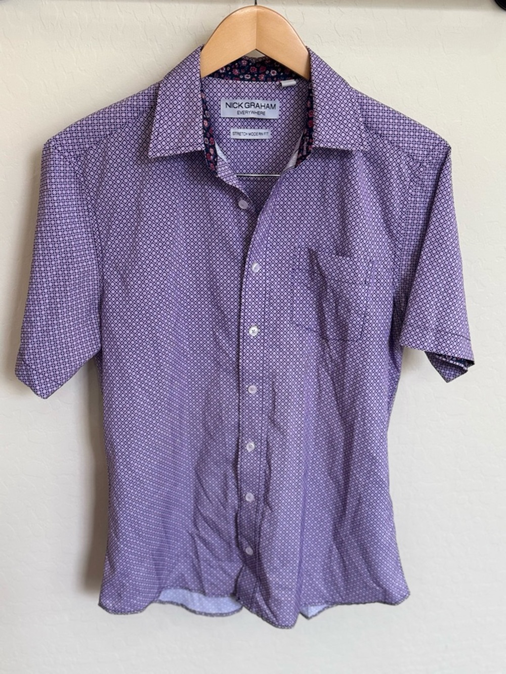 Nick Graham Everywhere Shirt Mens Purple Geometric Stretch Modern Fit Size Small